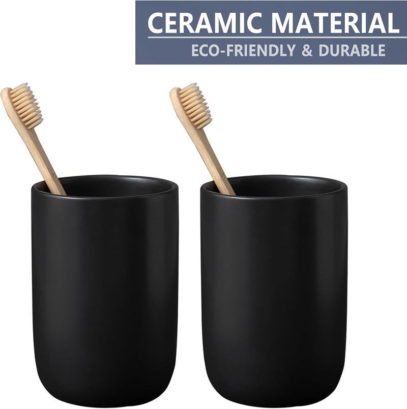 BSDISP Matte Black Toothbrush Holders for Bathrooms - 2 Cups Ceramic Toothbrush Toothpaste Holders Set, Black Bathroom Tumbler Cups Reusable Toothbrush Cup Black Mouthwash Cup, Bathroom Counter Organizer - Image 3